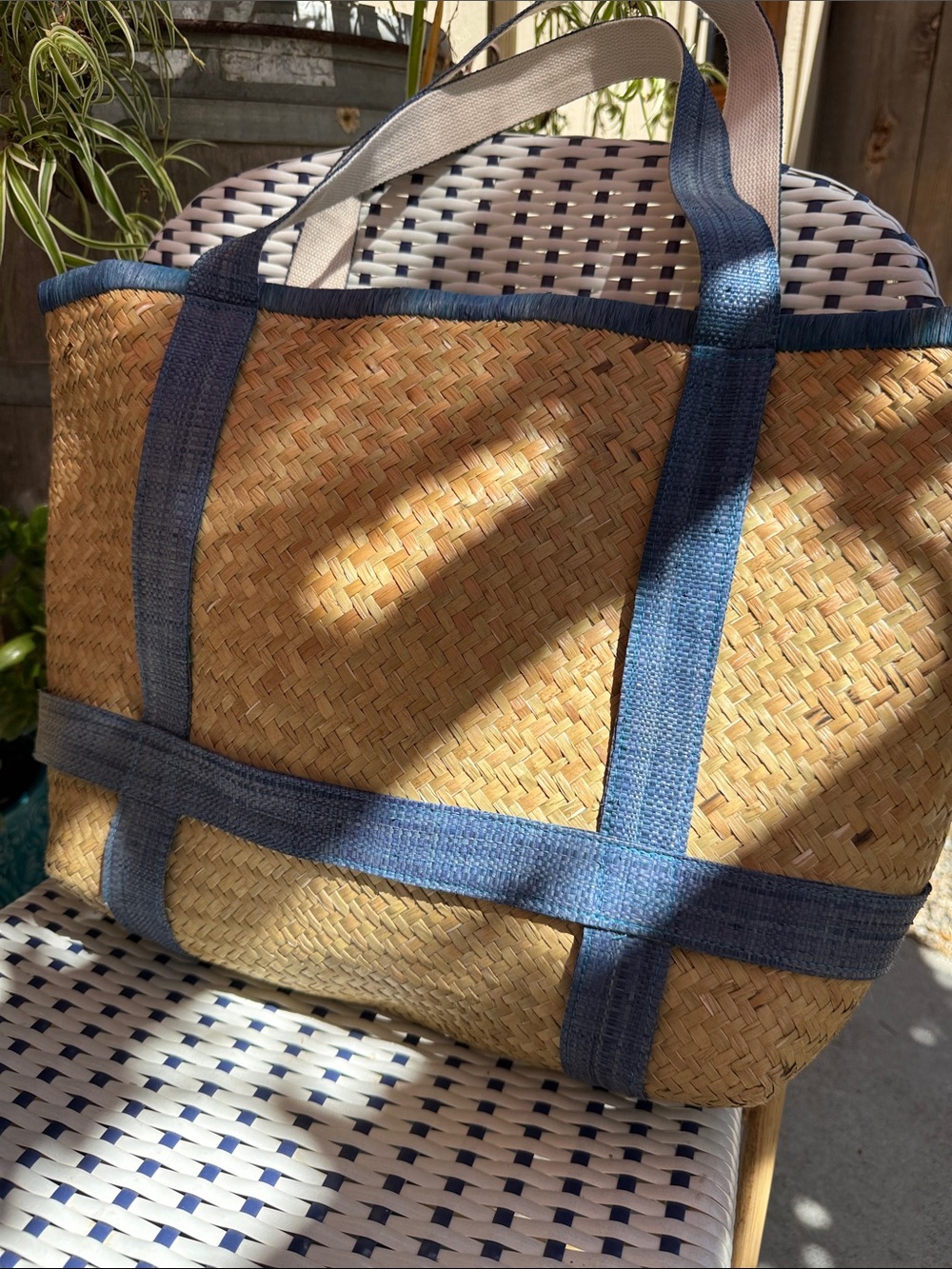 Handwoven Straw Tote with Sea-Blue Woven Straw Trim